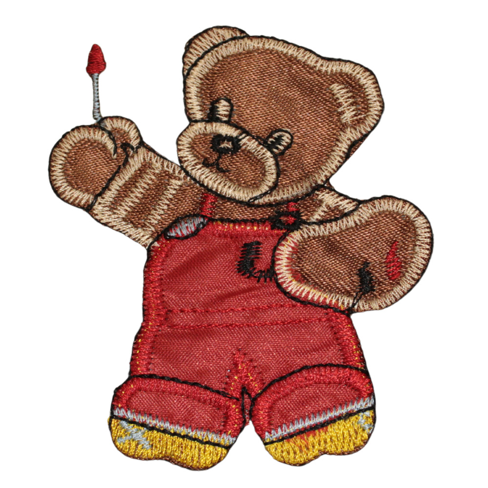 Vintage Large Satin Teddy Painter Bear Red Overalls Iron On Patch Applique 1970s